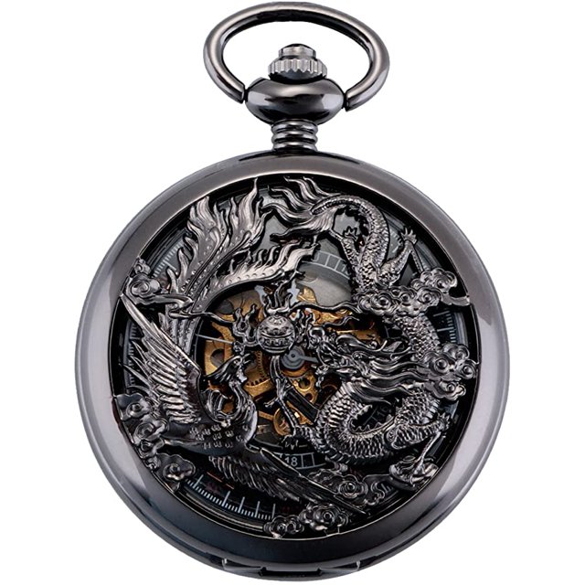 Reloj de bolsillo mecánico antiguo Dragón y Fénix (negro) Esfera esqueleto con cadena para hombres y mujeres