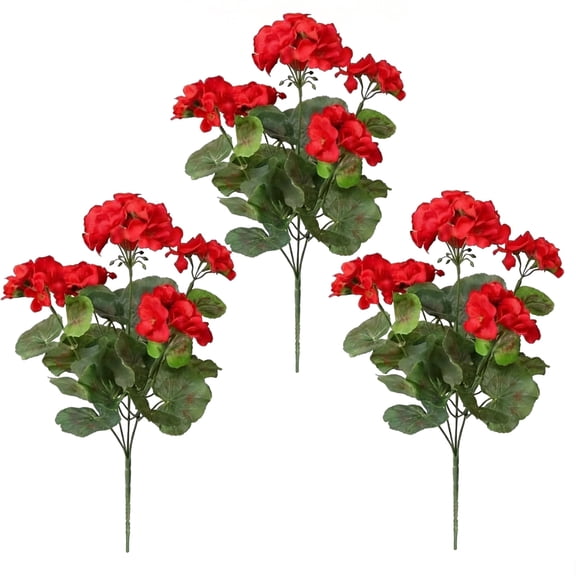 3 Pcs Artificial Geranium Flowers, Plastic Fake Plants Realistic Faux Geraniums, Weatherproof for In/Outdoor Garden Decor, Patio Balcony Yard Decoration