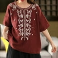 thumbnail image 2 of DDAPJ pyju Floral Embroidered Tops for Women Dressy Casual Round Neck Blouses Cotton Linen Short Sleeve T Shirts Ofertas Prime Wine XXL, 2 of 6