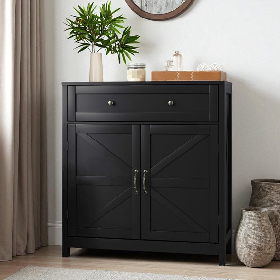 GZXS Farmhouse Buffet Cabinet with 2 Barn Doors, 1 Drawer and Adjustable Shelf, Kitchen Sideboard Accent Cupboard with Anti-Tip Device, 30"L x 12"W x 32.5"H, Black