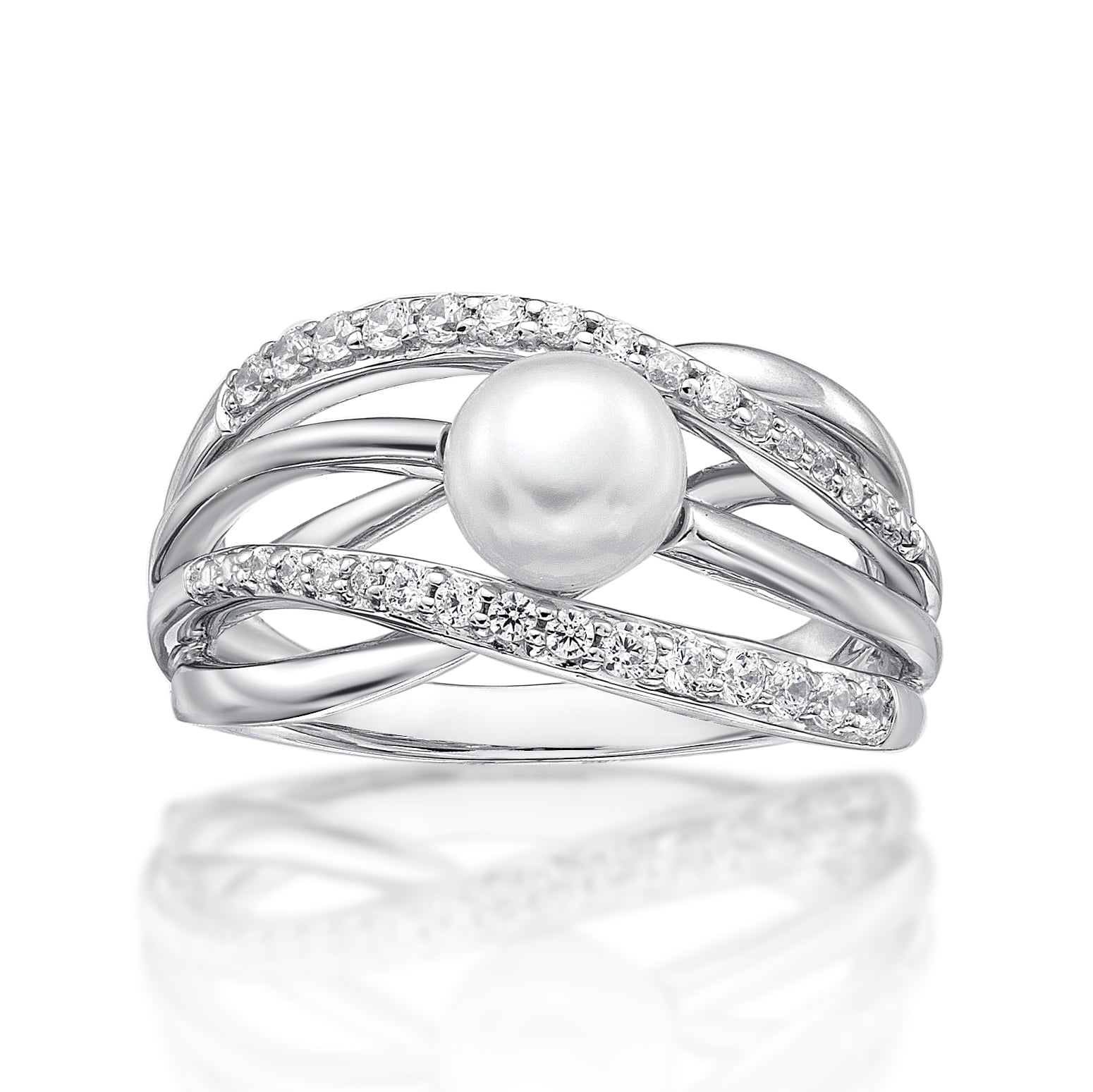 Jay Heart Designs 925 Sterling Silver Freshwater Pearl with Simulated White Diamond Criss Cross Ring