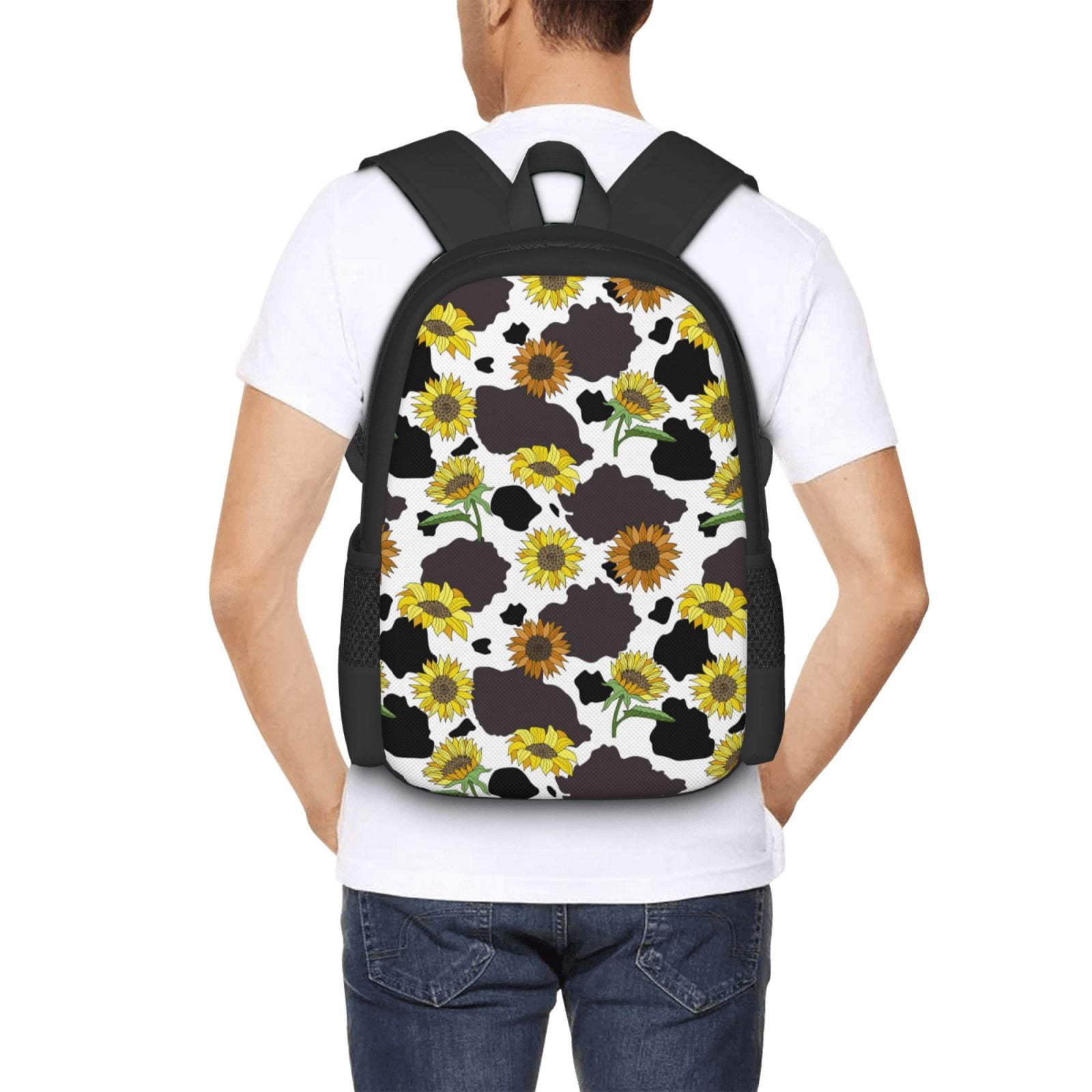 Vsdgher Black Cow Sunflowers Print Backpack for Women Men School Bookbag with Laptop Compartment for College Work Travel, Simple Fashion Casual Daypack, Fit 15" Laptop