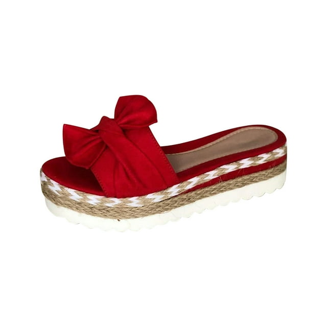 Womens Platform Sandals Slip on Open Toe Jute Wrapped Bottom Design Bow Flock Breathable Non Slip Lightweight Summer High Heels Slipper Red