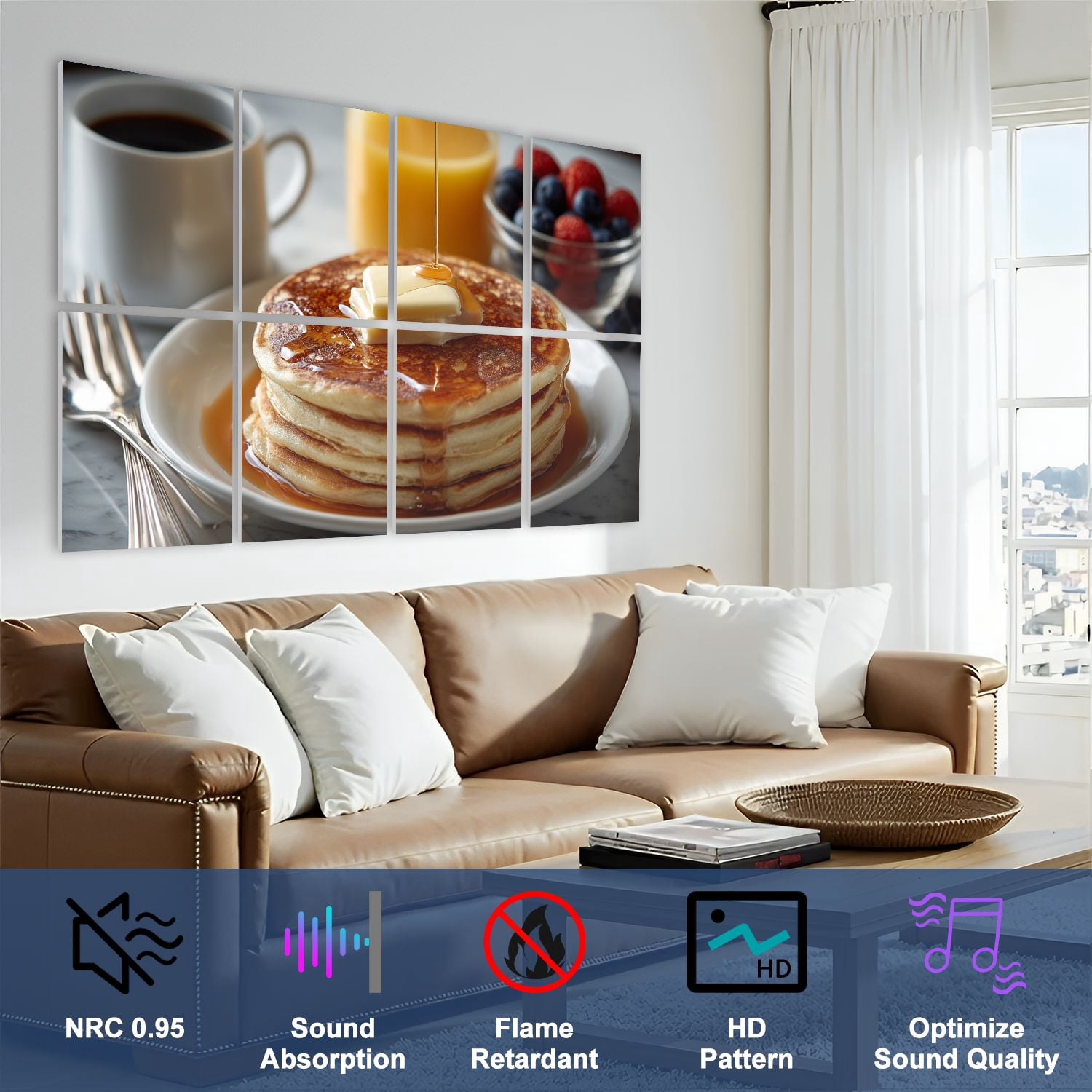 8 Pack Art Acoustic Panels Sound Absorbing Breakfast pancakes fresh fruit coffee orange juice Pancake Decorative Soundproof Wall Panels Self Adhesive for Nursery Game Room Bedroom 48"x32"