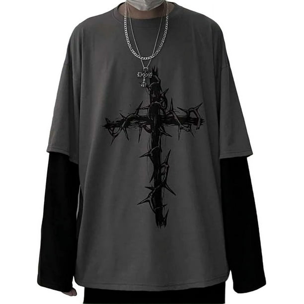 Camiseta gótica Y2K para hombre y mujer, estilo emo, grunge, alternativo, vintage, de manga larga, estilo oscuro, estilo Academia, Harajuku, con estampado cruzado