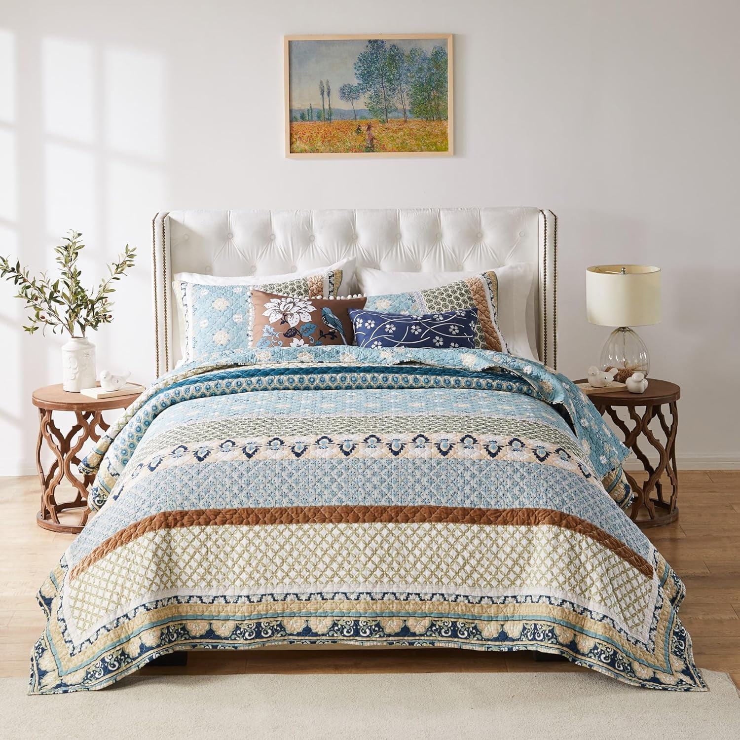 Greenland Home Fashions Thalia Reversible Cotton Quilt Set, Velvet Embellished, 3-Piece Full/Queen, Blue