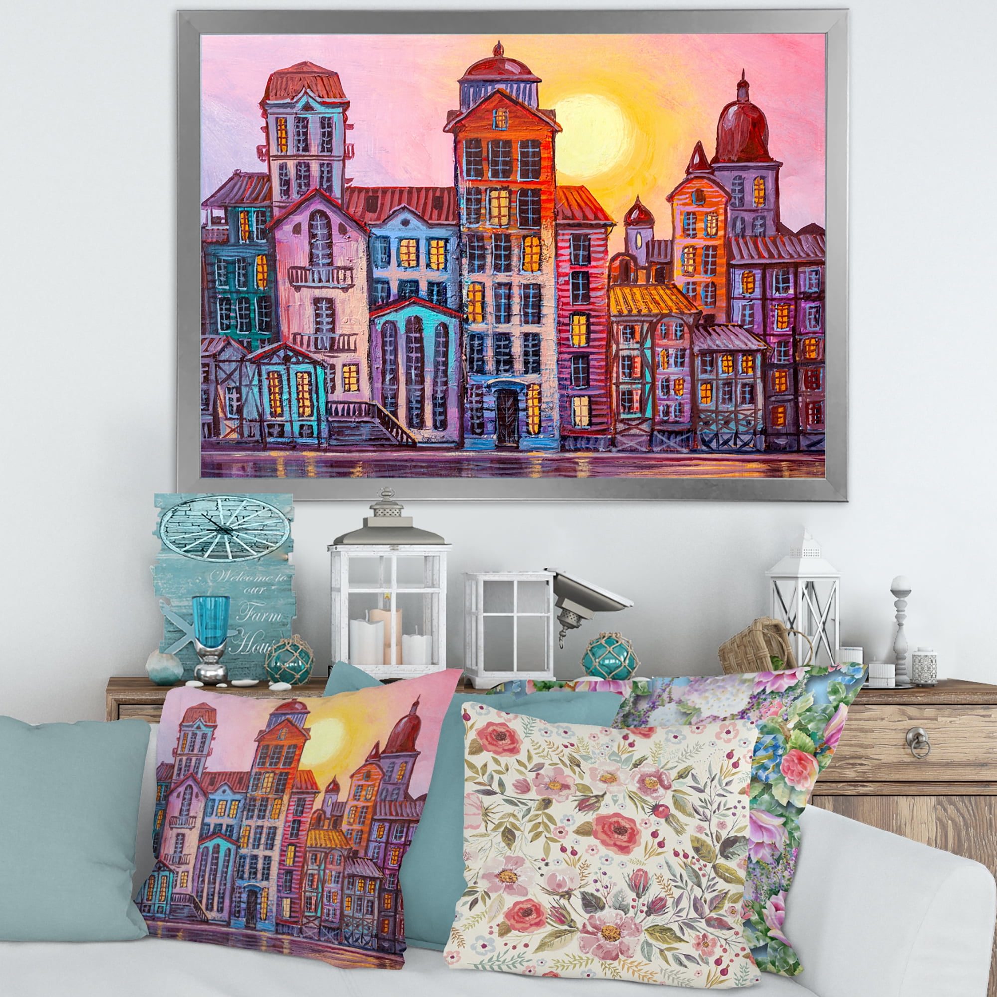 Designart 'Afternoon Street Scene In Old Town With Colorful Buildings' Mid-Century Modern Framed Art Print