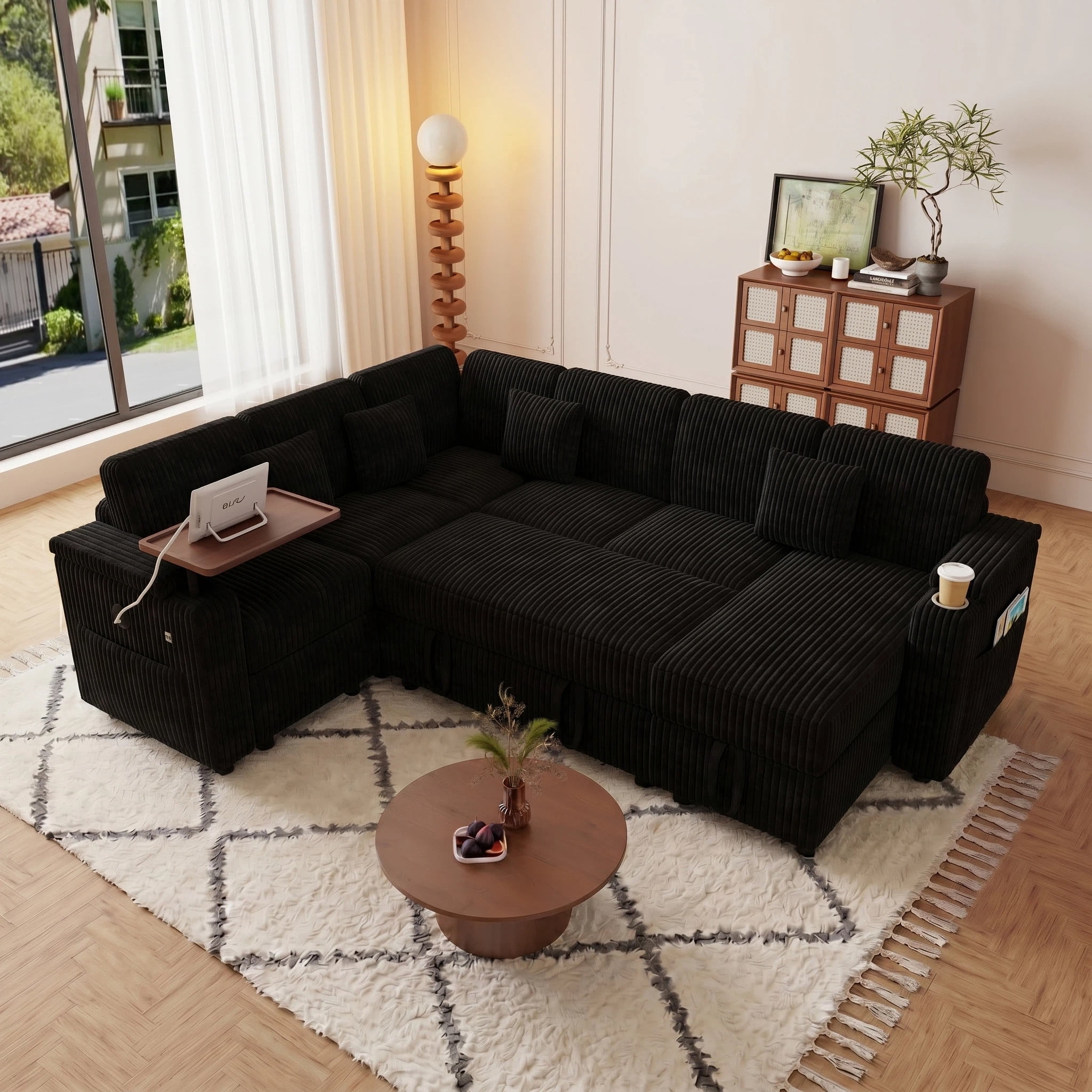 AISWORD 100" Modular U Shaped Sectional Sofa Bed with Pull Out Bed, Large 7‑Seat Convertible Couch with Storage Chaise, USB Charging Ports & Cup Holders, Black