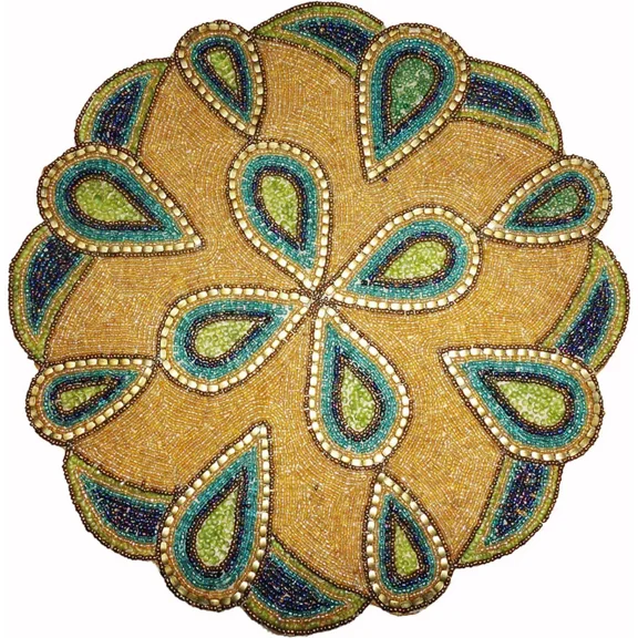 Tugana Craft Handcrafted Peacock Feather Design Beaded Round Table Placemat 14" Centerpiece Table Mat
