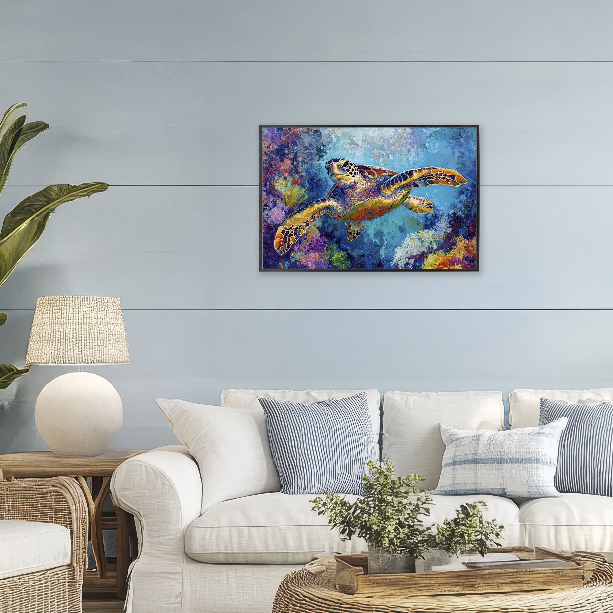 Stupell Industries Colorful Sea Turtle over Coral Black Framed Giclee Art, design by Petal Prints Design
