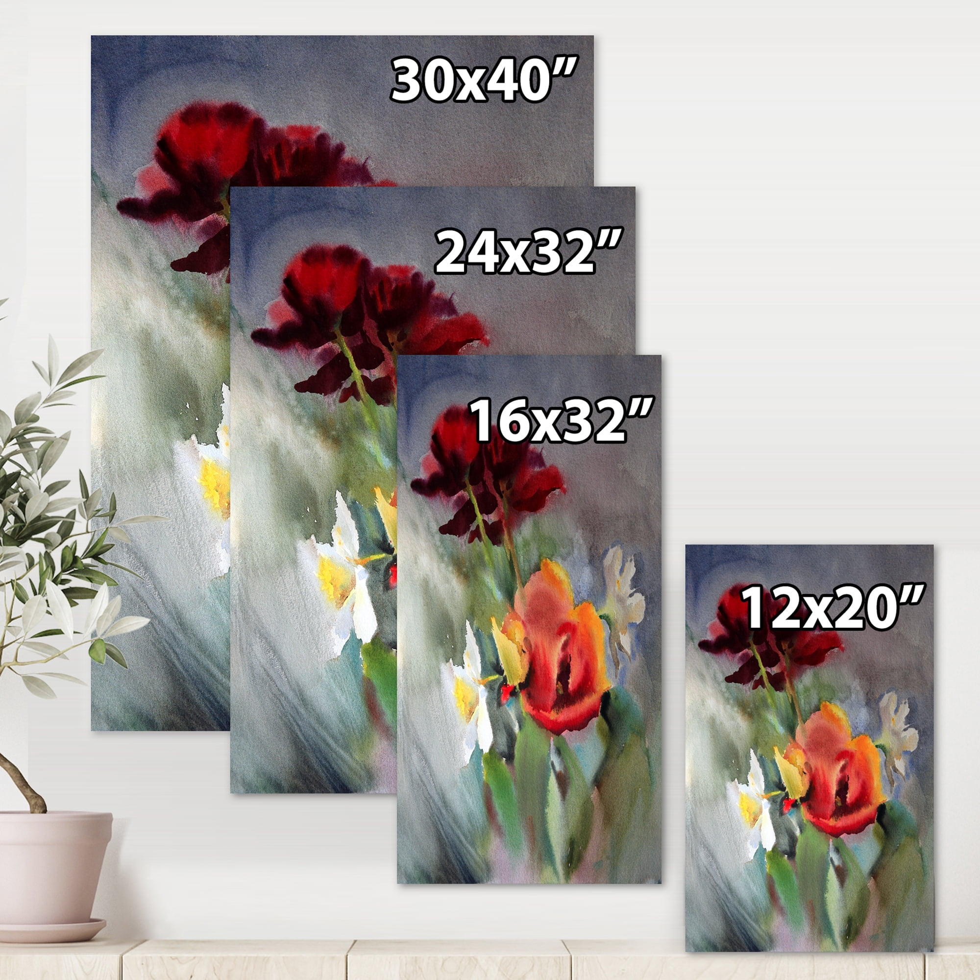 Designart ' Blossoming Vibrant Red Wildflowers ' Traditional Canvas Wall Art Print