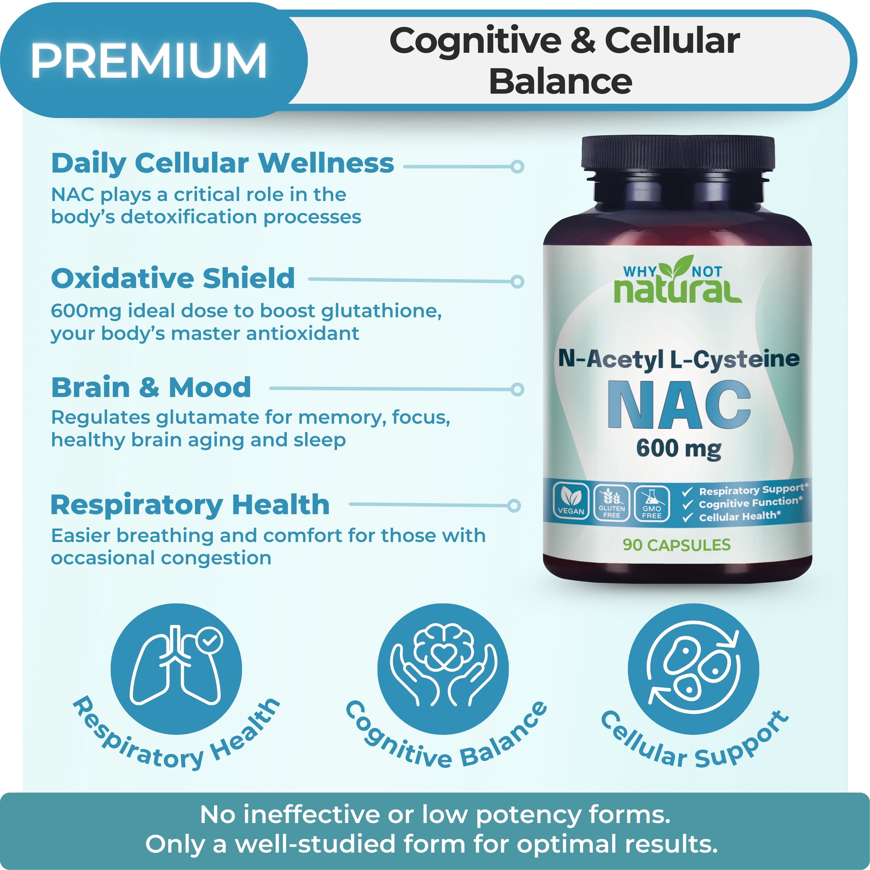Why Not Natural NAC Supplement 600 mg, N-Acetyl Cysteine Capsules, Pure N-Acetylcysteine, No Filler
