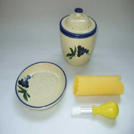 Cooks Innovations - Ceramic Grater Plate Set with Garlic Keeper - Beautiful Grape Design - Blue & Cream