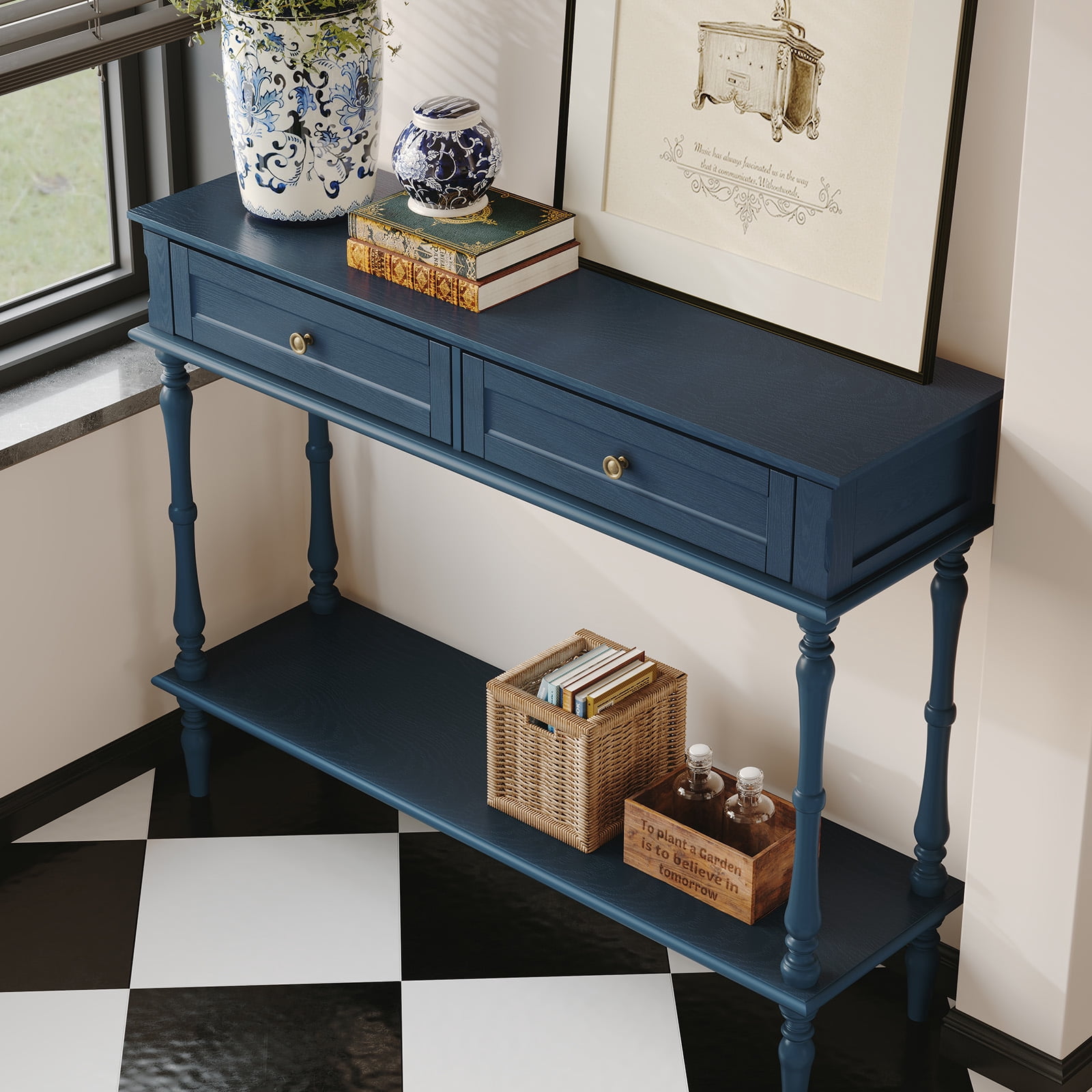 HLR 40" Modern Console Table, Assembled Entryway Table with 2 Drawers for Living Room, Blue