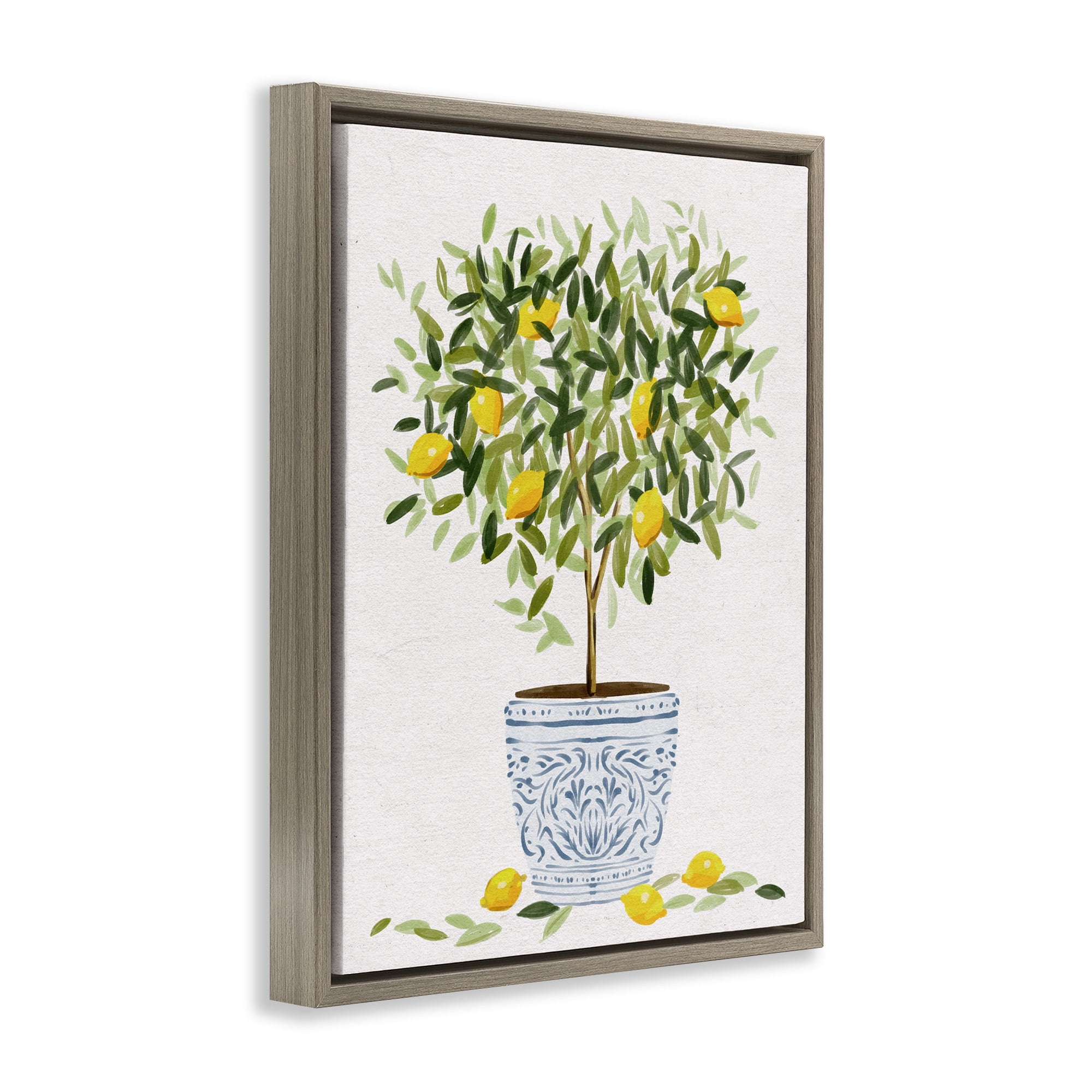 Stupell Industries Lemon Tree Detailed Planter Food & Beverage Painting Brown Floater Framed Canvas Art Print Wall Art, 17 x 21