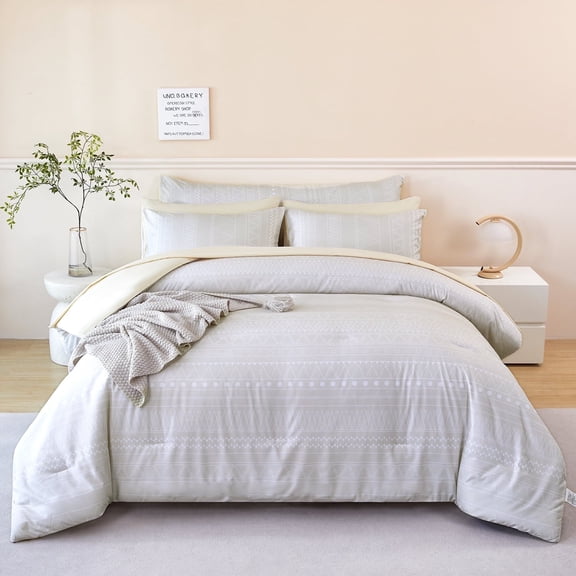RYNGHIPY King Beige Cream Striped Comforter Set 8Pcs Bed in A Bag Boho Bedding Set for Women Men Shabby Chic Vintage Quilt Set with Sheets (Cream, King)