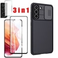 thumbnail image 1 of For Samsung Galaxy S21 FE 5G Case With Screen Protectore Camera Lens Tempered Glass, Soft Slim Silicone Heavy Duty Cover - Black3, 1 of 5