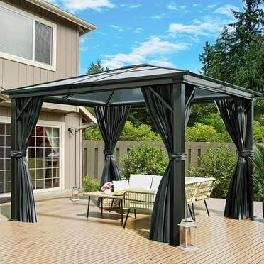 Dextrus 10x12ft Hardtop Gazebo Outdoor Polycarbonate Canopy with Netting and Shaded Curtains, Aluminum Frame Garden Tent for Patio, Backyard, Deck and Lawns