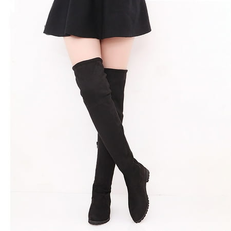 

Foraging dimple Women s Lace-Up Knee Bare Boots Flat Round Toe Shoes Casual Long Booties Black