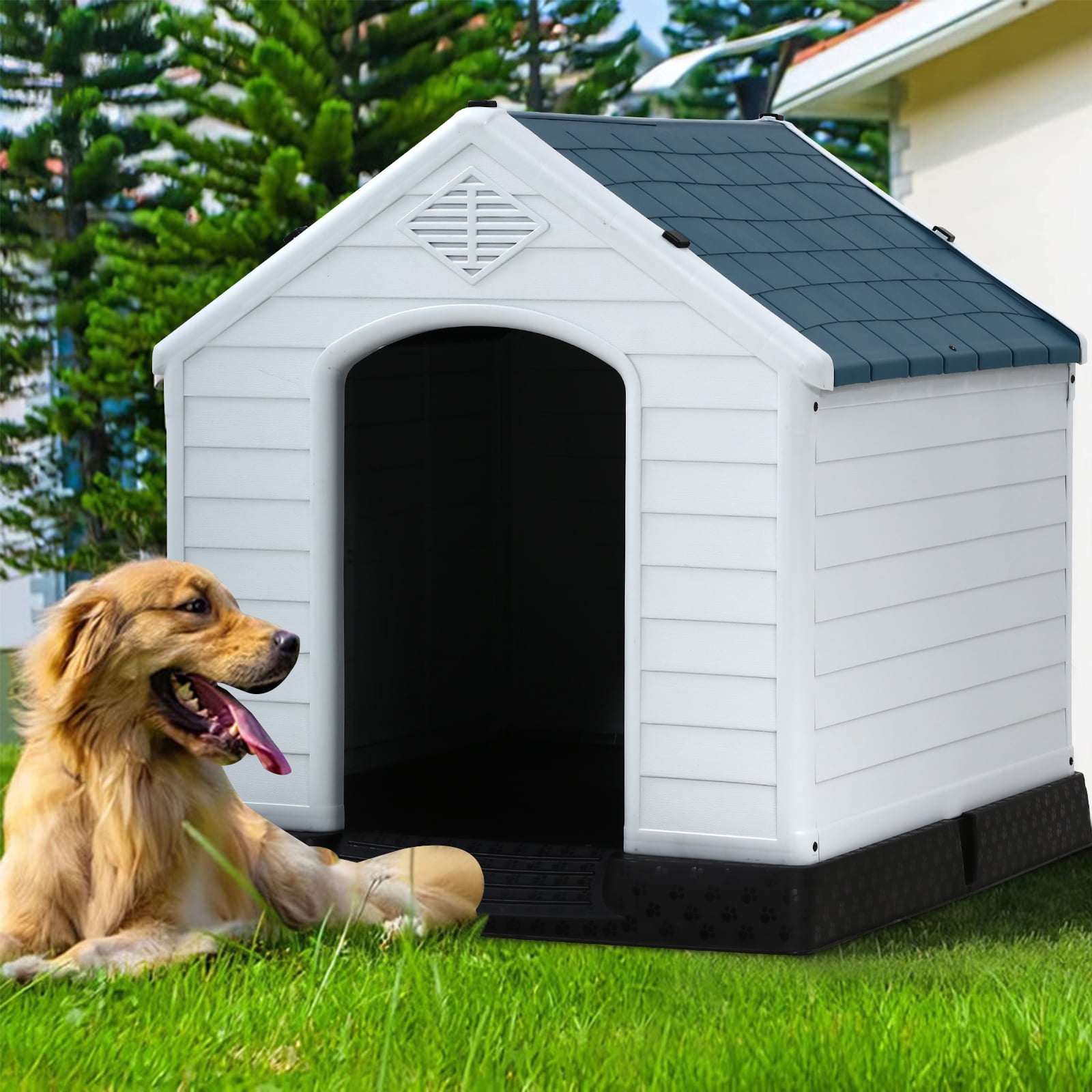 Plastic Dog House 28 inch Indoor Outdoor Dog Houses with Elevated Floor, All Weather Waterproof