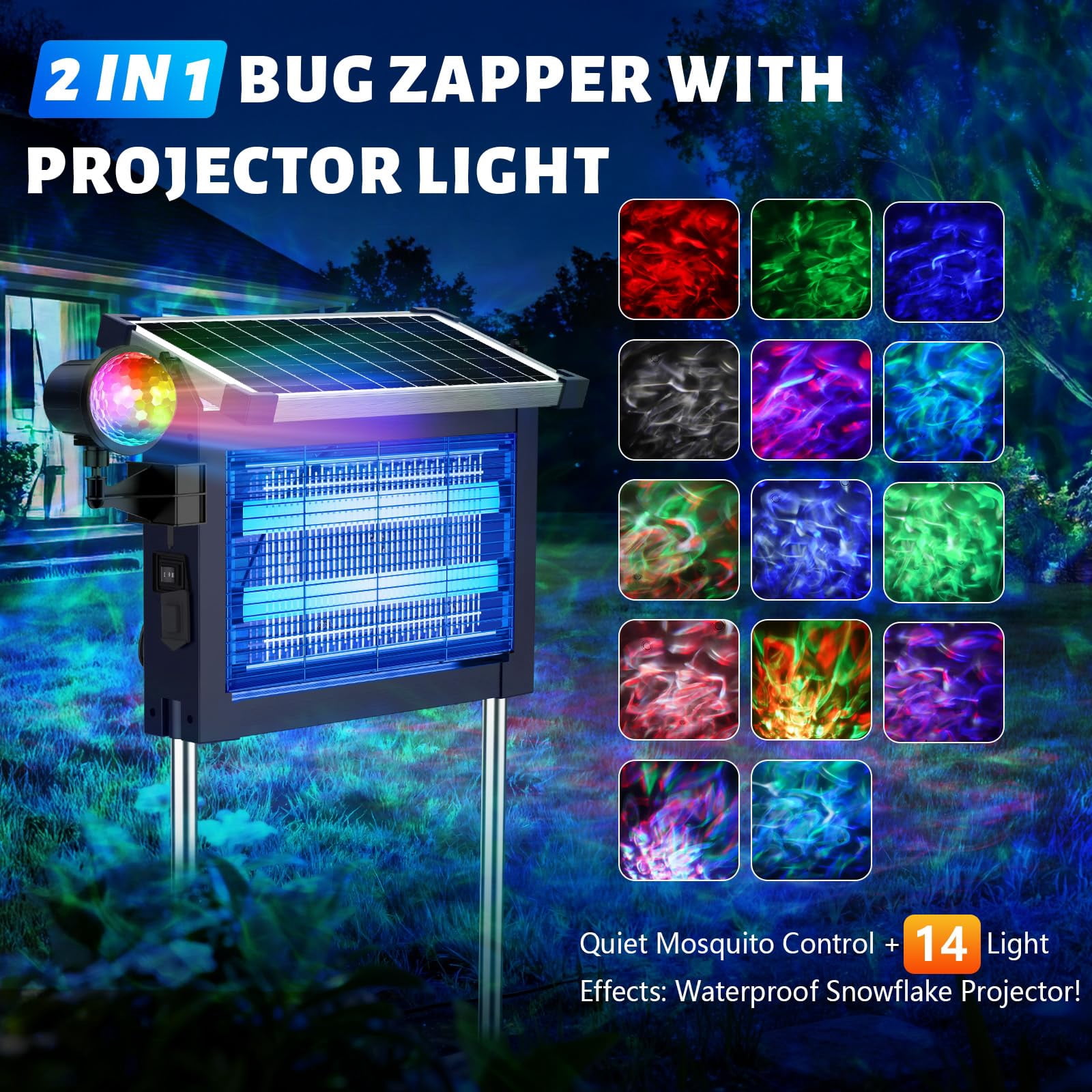 2-in-1 Solar Zapper Outdoor  4500v Electric Mosquito With Projection Light Ip66 Waterproof Cordless Fly Type-c Rechargeable For Patio Yard Camping