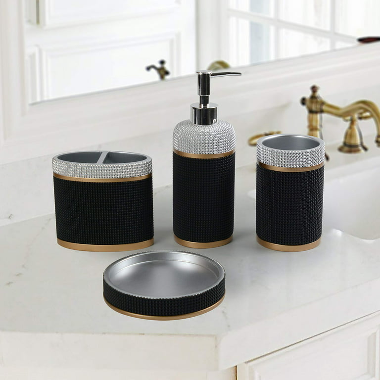 Bath D Soap Dish Cup Dispenser Black and Bamboo Tray