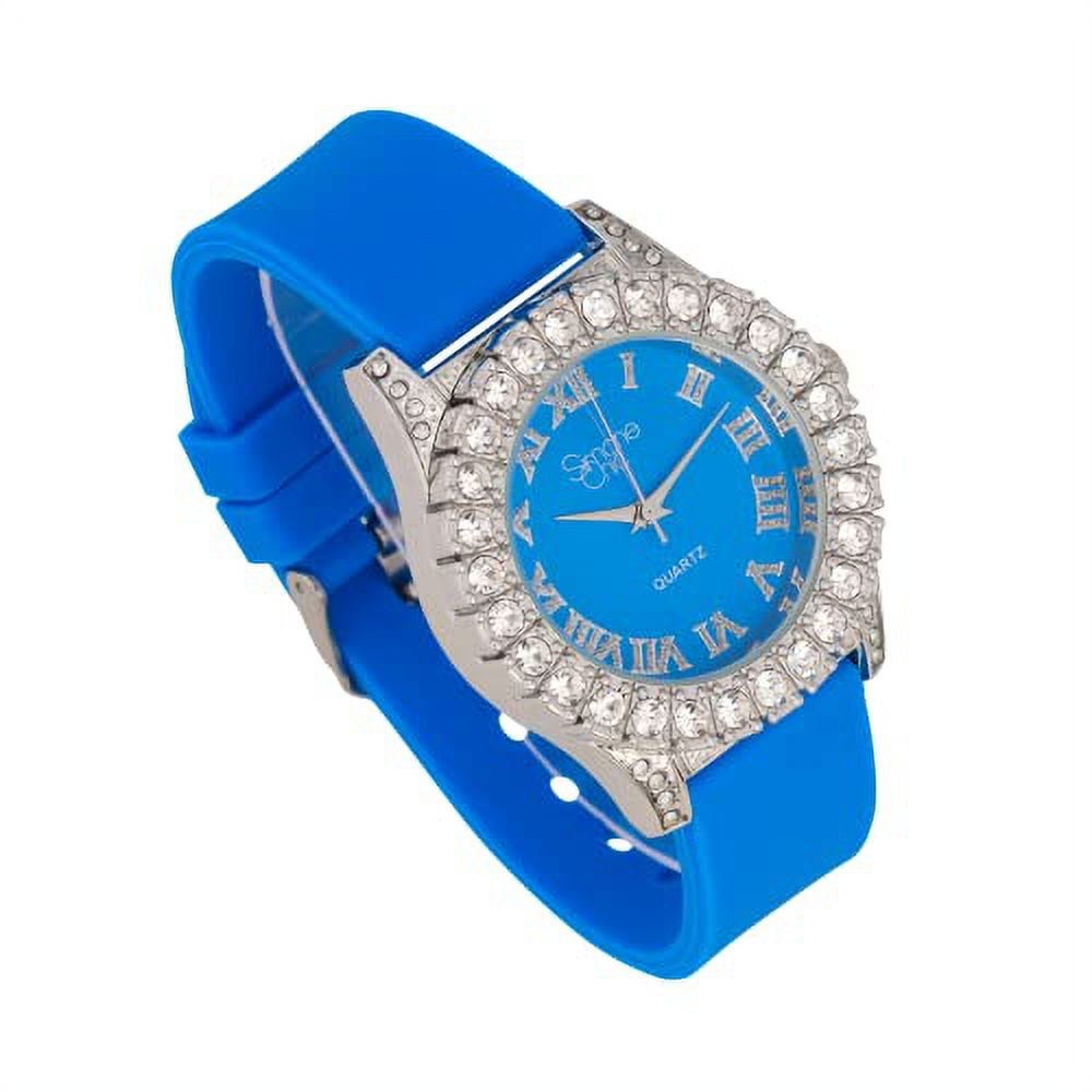 Simone Chic. Women's Big Rocks Fully Iced Bezel Colored Dial w/Easy Reader Roman Numerals Colorful Rubber Band Watch - ST10357LA (2pcSet SLV Bright Blue)