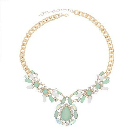 Acrylic Gold Necklace - Fashion Jewelry Necklace Gold Tone with Clear Rhinestone Green AB Acrylic Stones