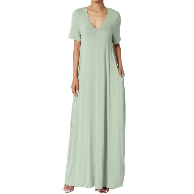 TheMogan Robe Maxi Surdimensionnée en Jersey Doux pour Femmes, Col en V, Manches Courtes, avec Poche