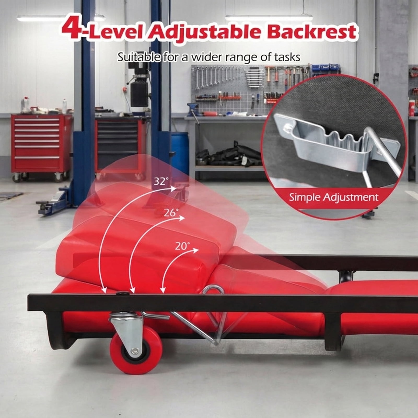 Biotree 40 Inch Rolling Mechanic Creeper Adjustable Backrest Headrest 250 lbs - Red
