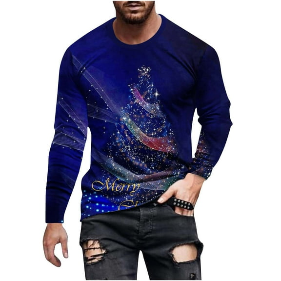 Honeeladyy Men's Christmas Long Sleeve Sweatshirt Xmas Tree 3D Printed Shirts Crewneck Pullover Party Tops #Vd-Dark Blue-M