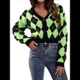thumbnail image 1 of Suéteres de Punto para Mujer, de Larga, con Rombos, Abertura Frontal, Botones y Cuello en V, Abrigos Cortos Verde Negro M, 1 of 10