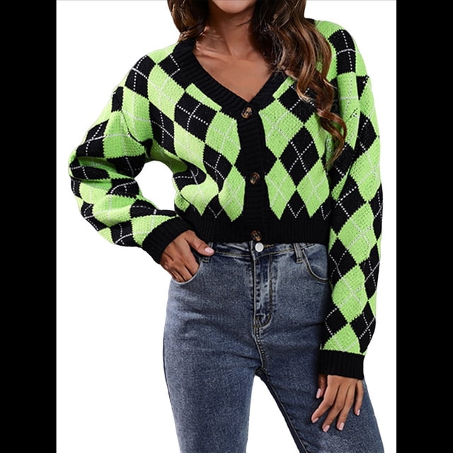 Suéteres de Punto para Mujer, de Larga, con Rombos, Abertura Frontal, Botones y Cuello en V, Abrigos Cortos Verde Negro M