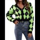 thumbnail image 1 of Suéteres de Punto para Mujer, de Larga, con Rombos, Abertura Frontal, Botones y Cuello en V, Abrigos Cortos Verde Negro M, 1 of 10