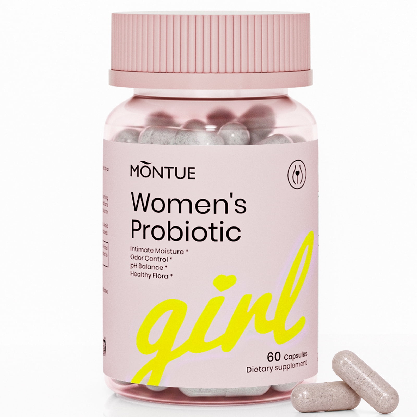 MONTUE Women's Probiotic Capsules, Feminine Intimate Health Supplement for pH Balance, Odor Control & Vaginal Flora Support, with Slippery Elm Bark, Inulin & Cranberry Extract, 60 Capsules.