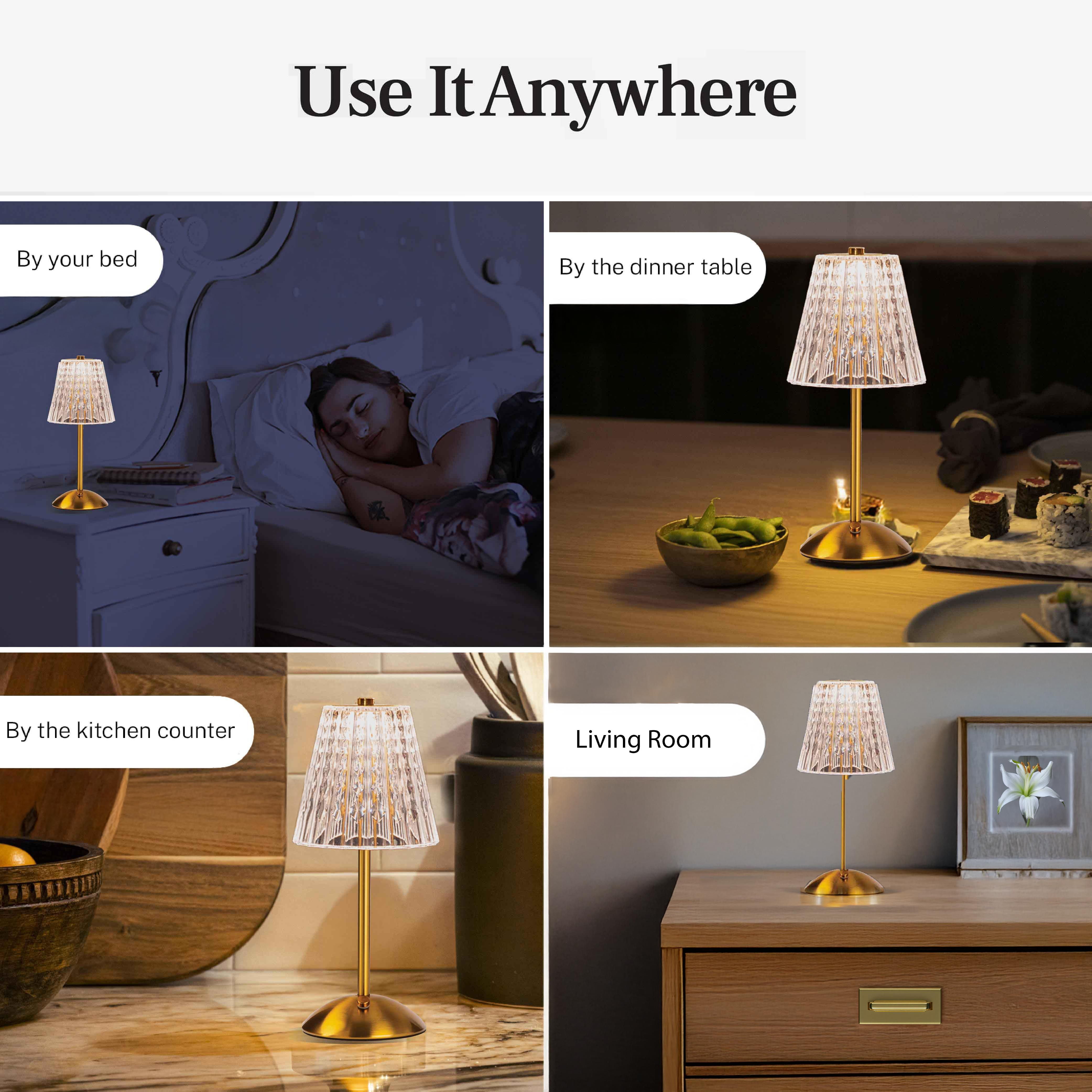 Bell and Howell Addison Table Lamp 2 Pack Small Cordless Touch LED Rechargeable Lamp Bedside Desk Nightstand Gold Base