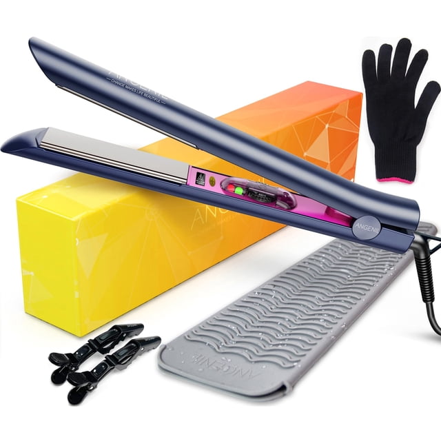 ANGENIL Plancha plana de titanio profesional de 1 pulgada, alisadora de pelo y rizador 2 en 1 con temperatura ajustable para todo tipo de cabello, tamaño de viaje con bolsa de silicona resistente
