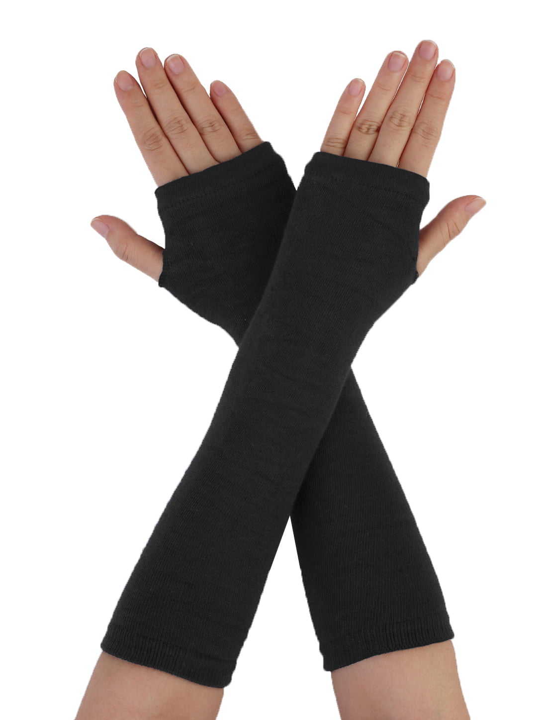 Allegra K Women Stripe Print Knitted Fingerless Thumb Hole Elbow Length Gloves Warmers Pair 