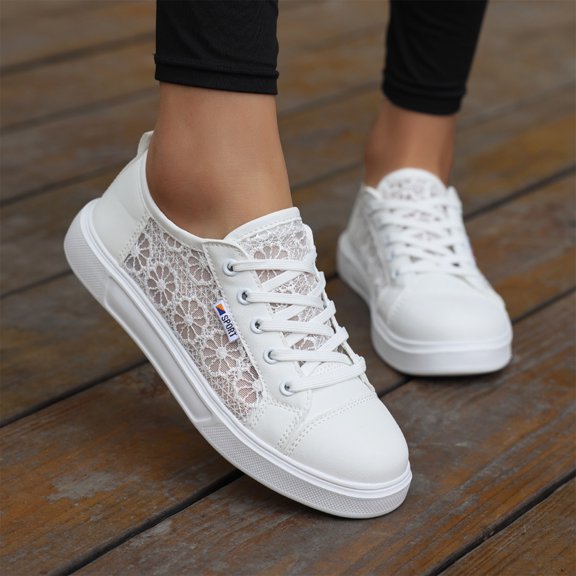 CHWshoes Women's Mesh Lace Floral Lace Up Fashion Sneakers Hollow Out Breathable Low-Top Shoes, Suitable for Sports, Daily Walks Outdoor Dressy Casual Footwear White Size 40
