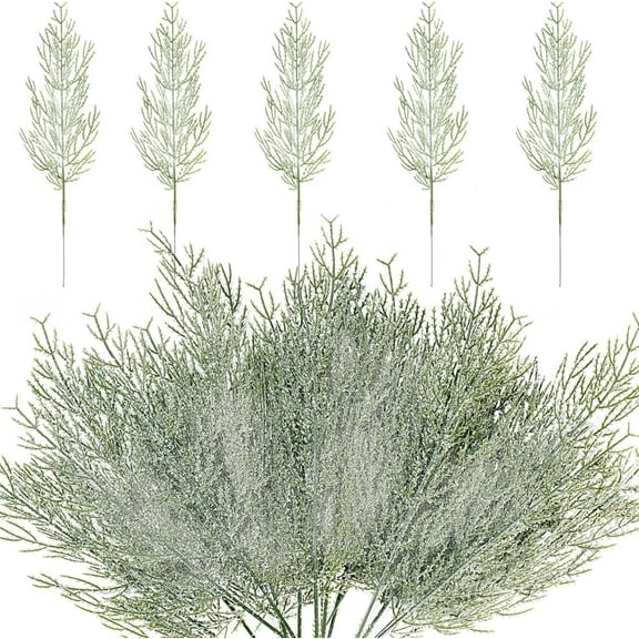 25Pack Plastic Snowy Cypress Branches,Artificial Green Pine Needles,Christmas Tree Decorations,Vase Flower Arrangement,for DIY Garland Wreath Fireplace Garden Decoration