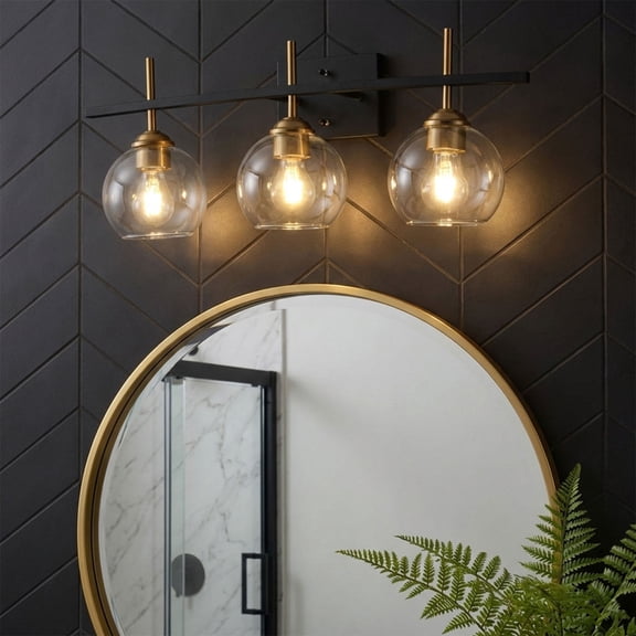 Modern 3-Light Vanity Light | Black & Gold Bathroom Light Fixture with Glass Shades | Industrial Wall Sconce for Bathroom, Vanity, Hallway