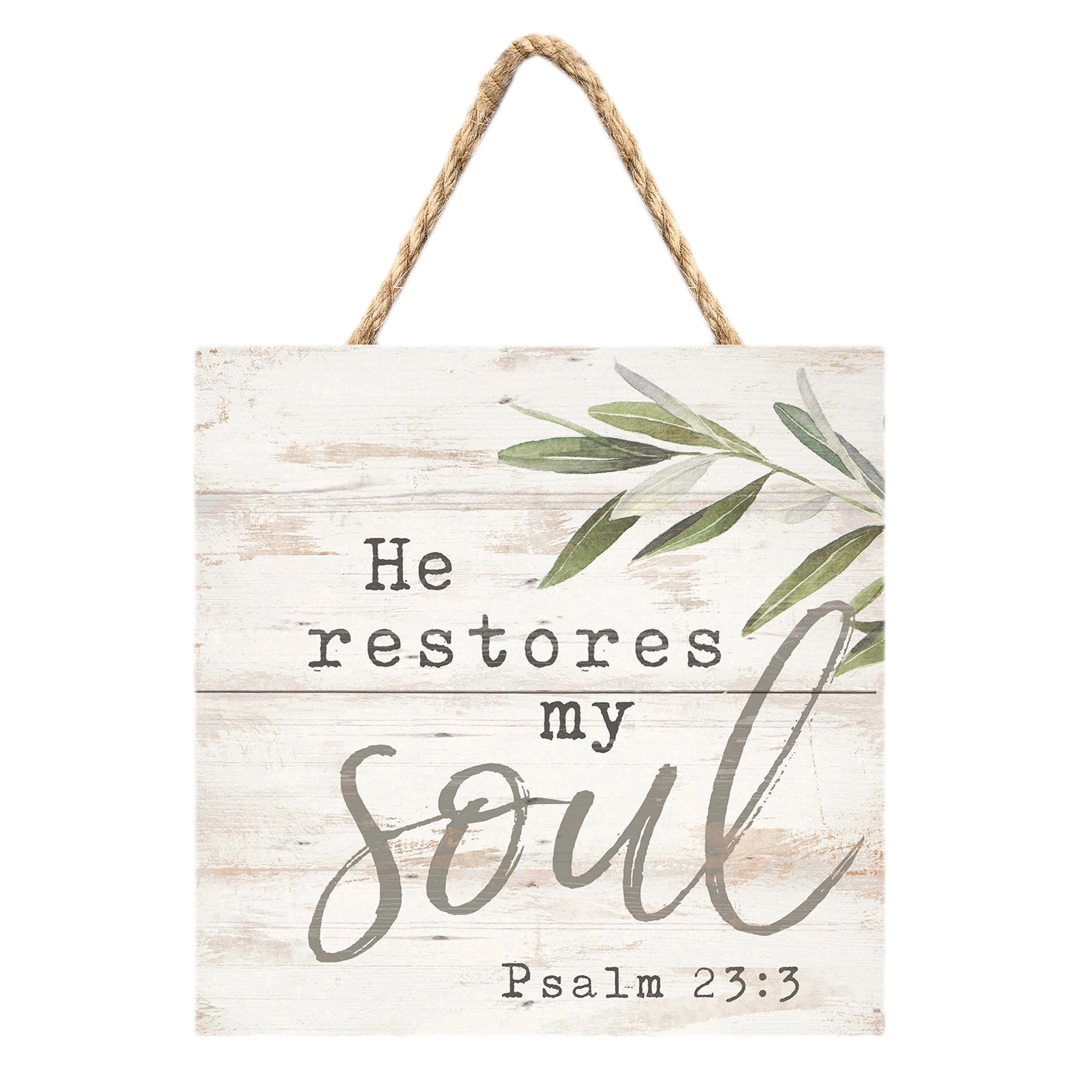 He Restores My Soul Greenery Whitewash 8.5 x 12 Solid Pine Wood Wall Hanging Cross 