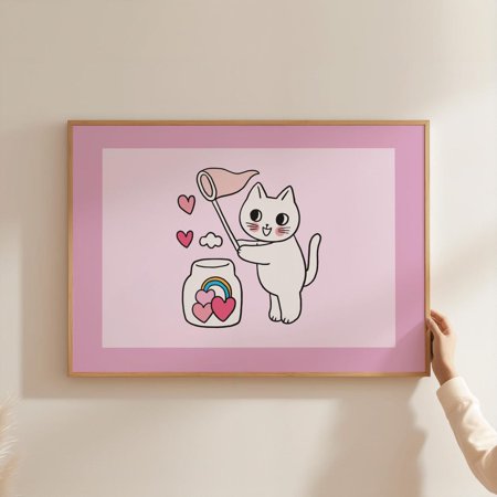 Cute Cat Poster Kawaii Kitten Wall Art Pink Cat Lover Gift Nursery Animal Print Sweet Heart Cat Decor Room Art