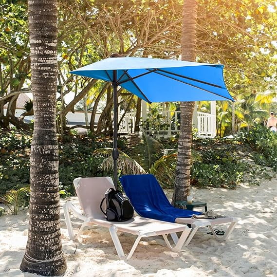 Joqmia Patio Half  Umbrella Replacement Canopy Cover - 9FT Half Umbrella Outdoor Patio Canopy with Easy Hand Crank - Condo, Townhouse, or Balcony Furniture(Khaki-White-Blue,3pc)