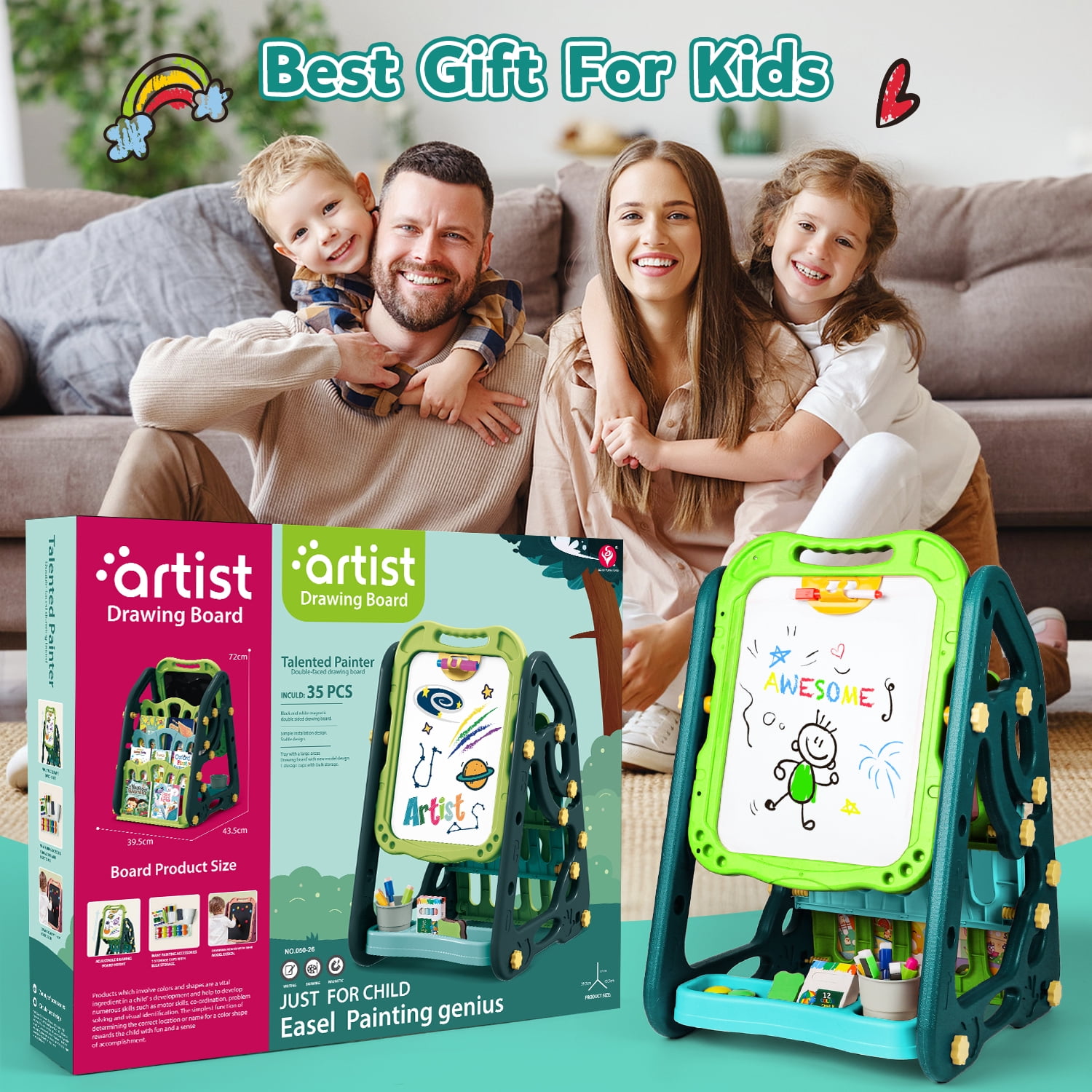 UUSUOO Easel for Kids,Double Sided Art Easel with Magnetic White Board & Chalk Board,Adjustable Standing Kids Easel with Painting Accessories,Christmas Gift for Boys Girls Age 2-6,Green