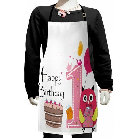 

1st Birthday Kids Apron First Birthday Surprise Cake Candle Sketchy Cartoon Owl Image Boys Girls Apron Bib with Adjustable Ties for Cooking Baking Painting Brown Hot Pink and Pink by Ambesonne