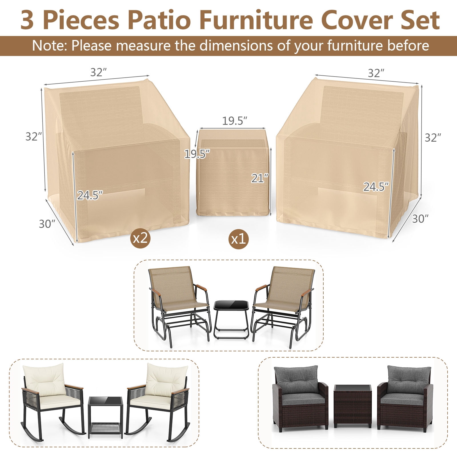 Costway Patio Furniture Covers Waterproof Conversation Covers for 3 PCS Bistro Set