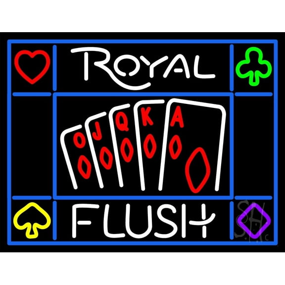 Royal Flush Poker Casino LED Neon Sign 15 x 19 - inches, Black Square Cut Acrylic Backing, with Dimmer - Bright and Premium built indoor LED Neon Sign for wall décor, arcarde, and storefront.