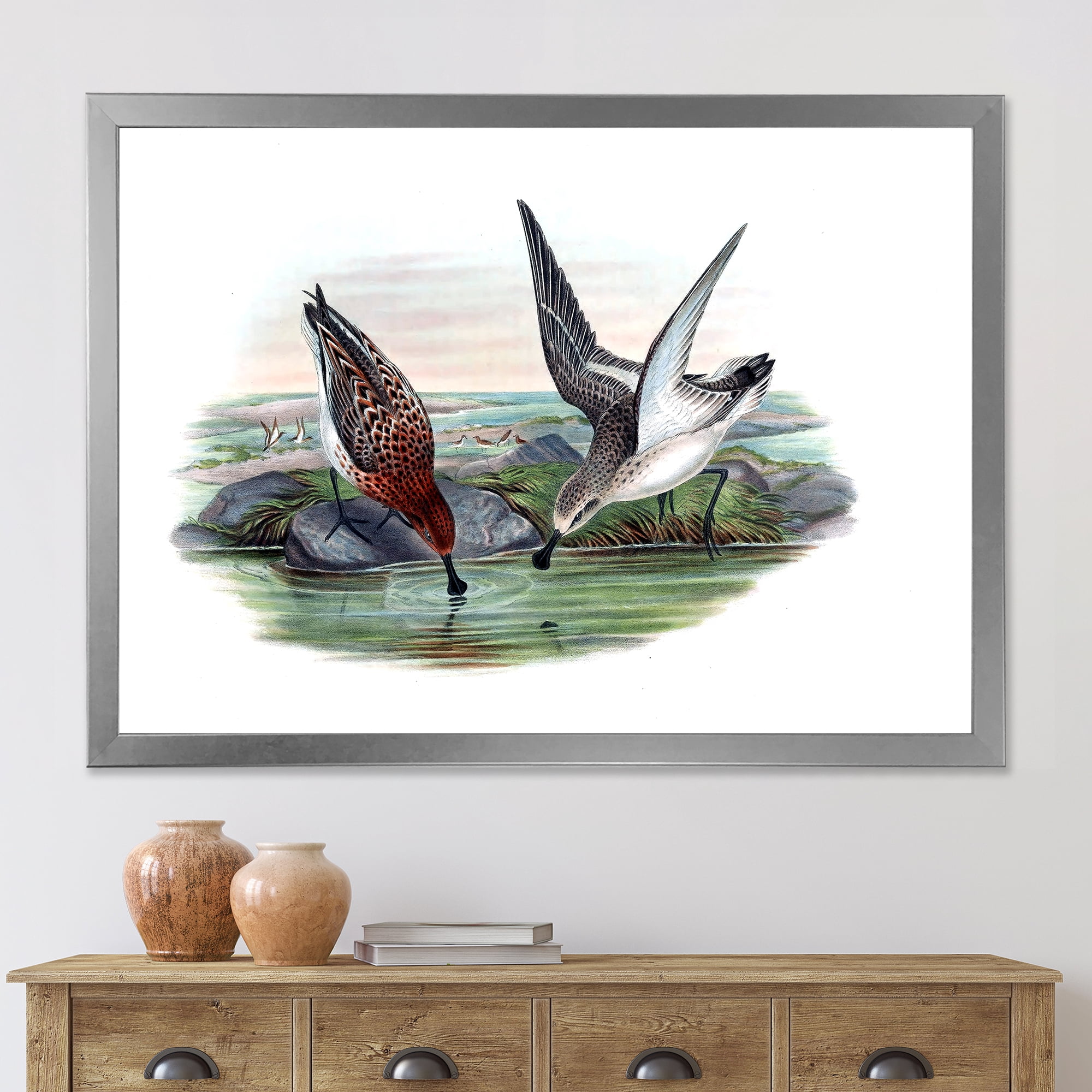 Designart 'Vintage Countryside Two Birds In Lake' Farmhouse Framed Art Print