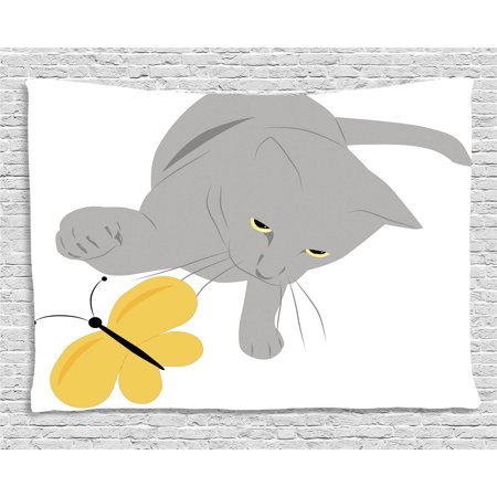 Grey and Yellow Tapestry, Cat Pet Feline Best Friend Playing with Spring Butterfly Print, Wall Hanging for Bedroom Living Room Dorm Decor, 80W X 60L Inches, Black Marigold and Grey, by